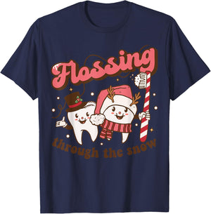Flossing Through The Snow Dental Hygienist Christmas Dentist T-Shirt - T-Shirt | Navy