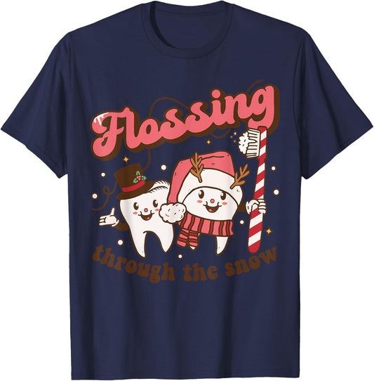 Flossing Through The Snow Dental Hygienist Christmas Dentist T-Shirt - T-Shirt | Navy