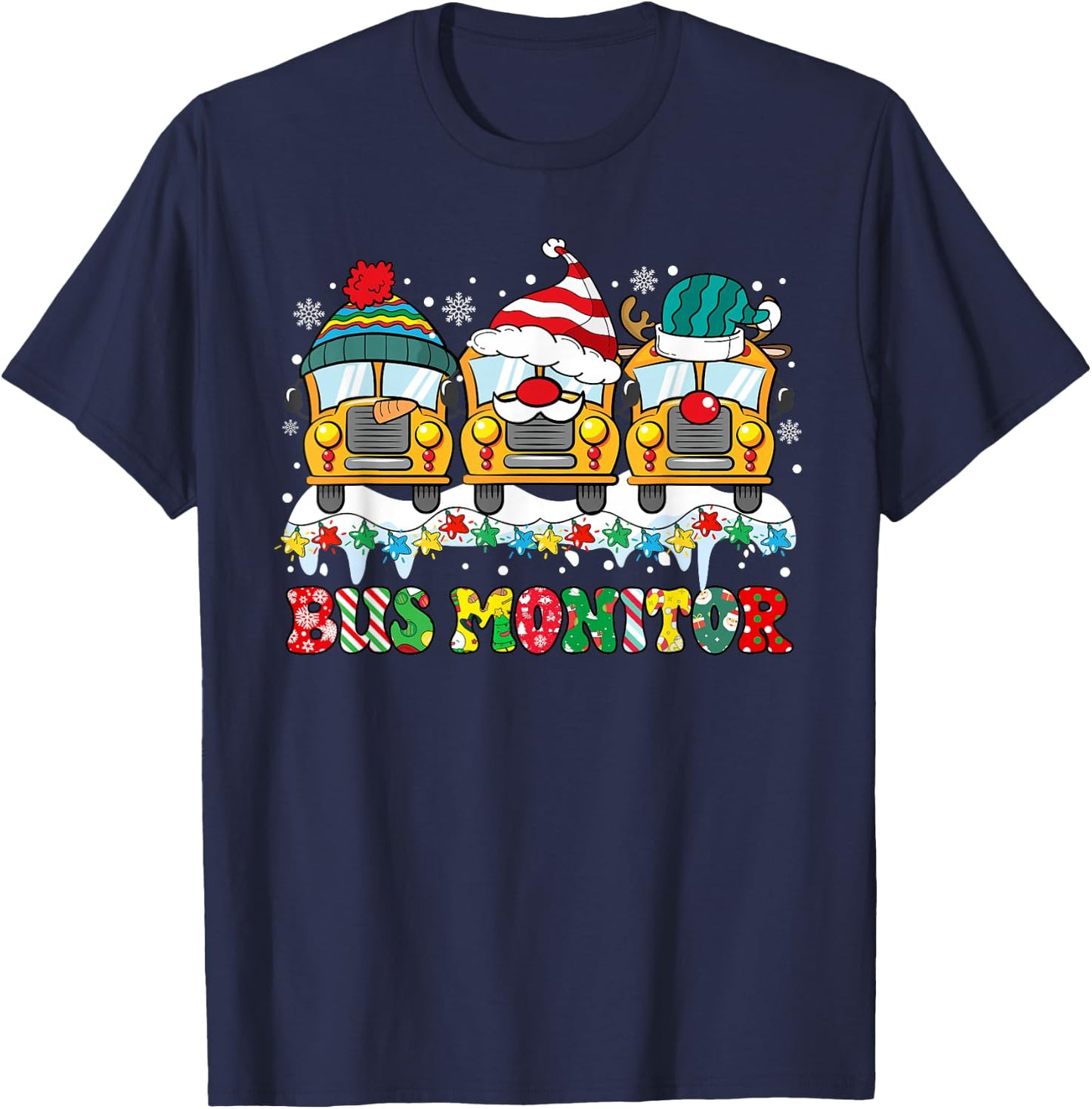 Bus Monitor Bus Santa Reindeer Snowman Xmas Lights Christmas T-Shirt - T-Shirt | Navy