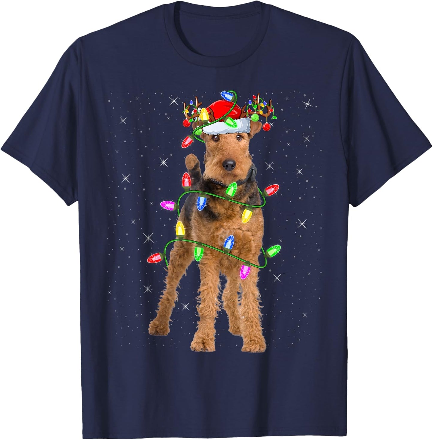 Xmas Holiday Lighting Santa Airedale Terrier Christmas T-Shirt - T-Shirt | Navy