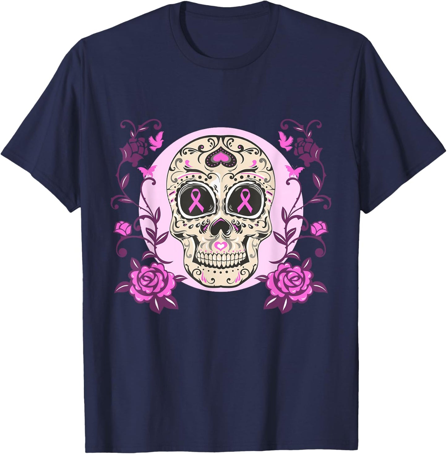 Sugar Skull Pink Ribbon Breast Cancer Awareness Calavera T-Shirt - T-Shirt | Navy