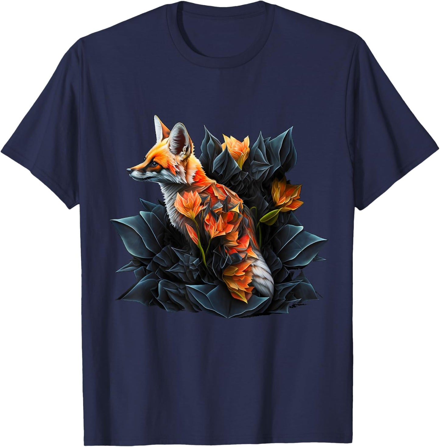 Fox art animal lovers motif animal flowers T-Shirt - T-Shirt | Navy