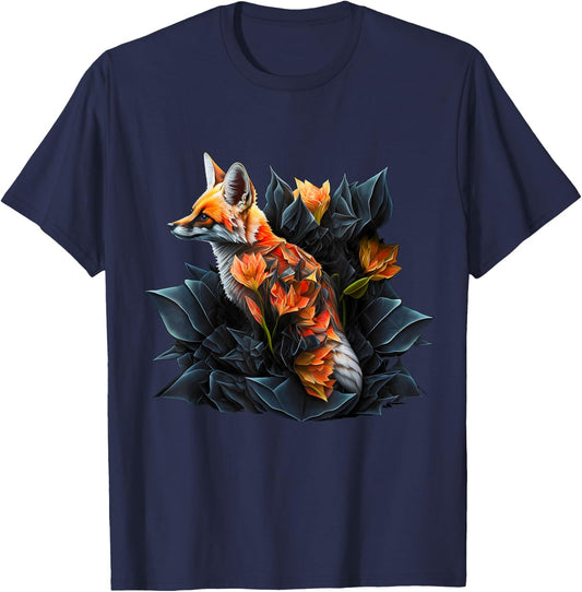 Fox art animal lovers motif animal flowers T-Shirt - T-Shirt | Navy