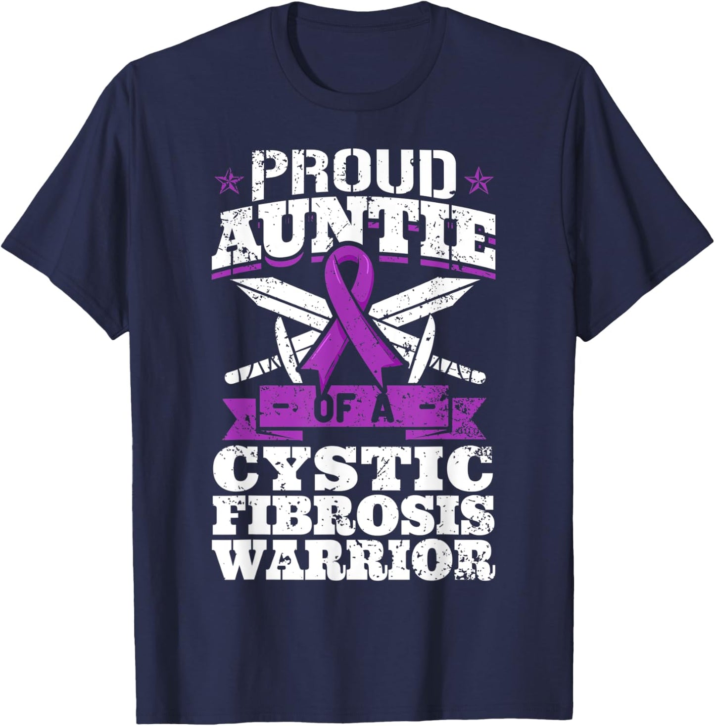 Proud Auntie Of A Cystic Fibrosis Warrior Awareness Ribbon T-Shirt - T-Shirt | Navy