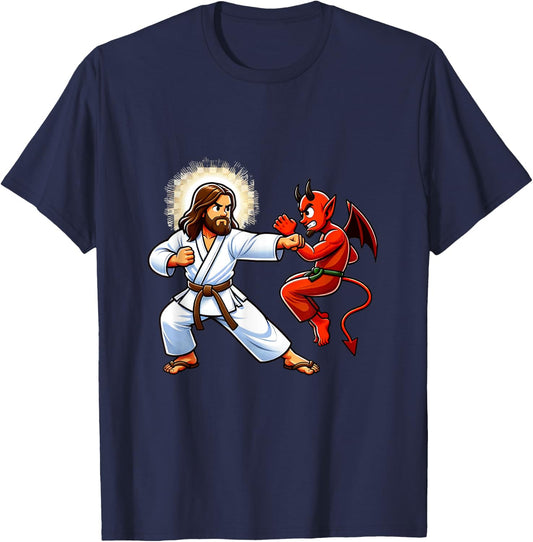 Jesus Defeating the Devil Funny Karate T-Shirt - T-Shirt | Navy