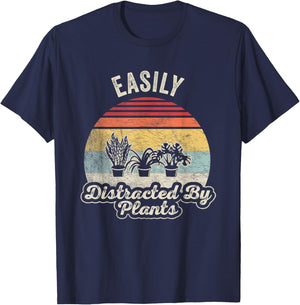 Retro Vintage Easily Distracted By Plants Gardening T-Shirt - T-Shirt | Navy