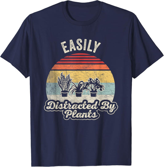 Retro Vintage Easily Distracted By Plants Gardening T-Shirt - T-Shirt | Navy