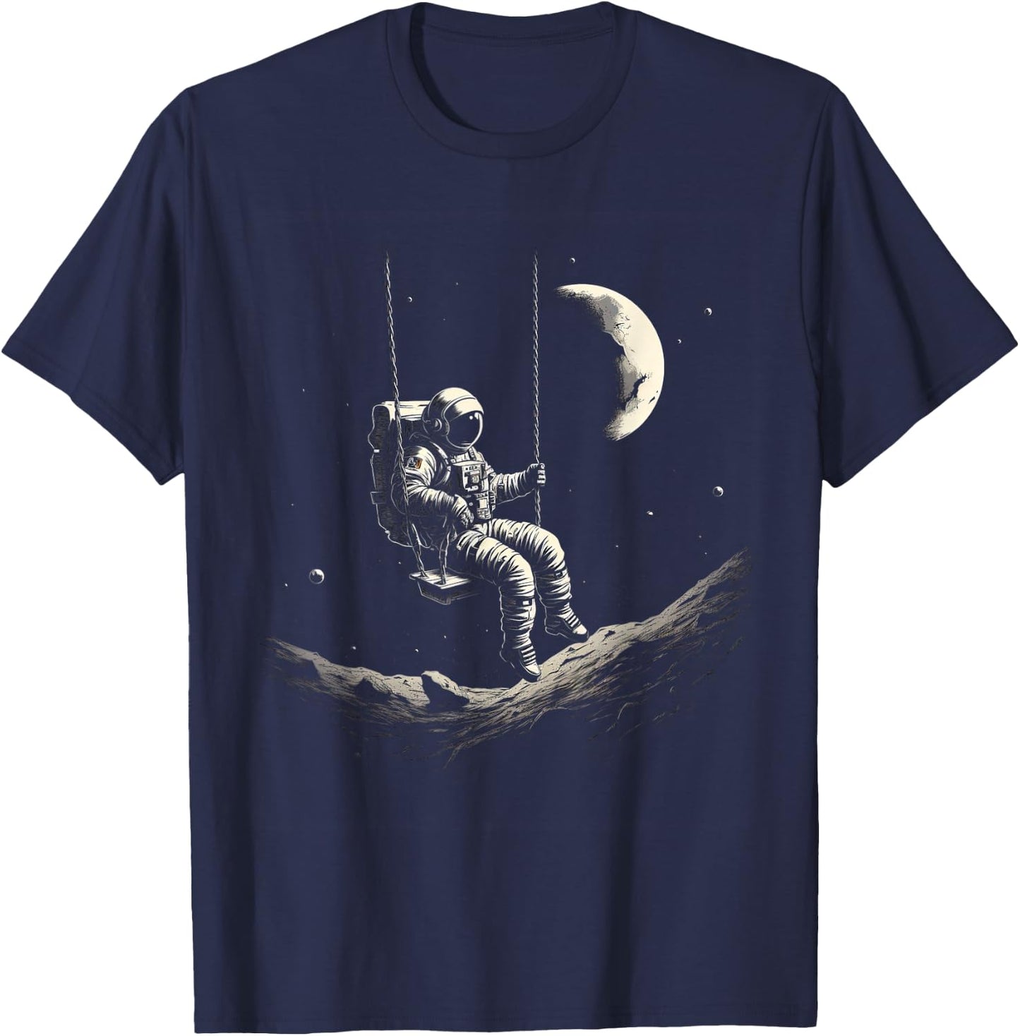 Astronaut Sitting on Swing in Space Stars and Moon T-Shirt - T-Shirt | Navy