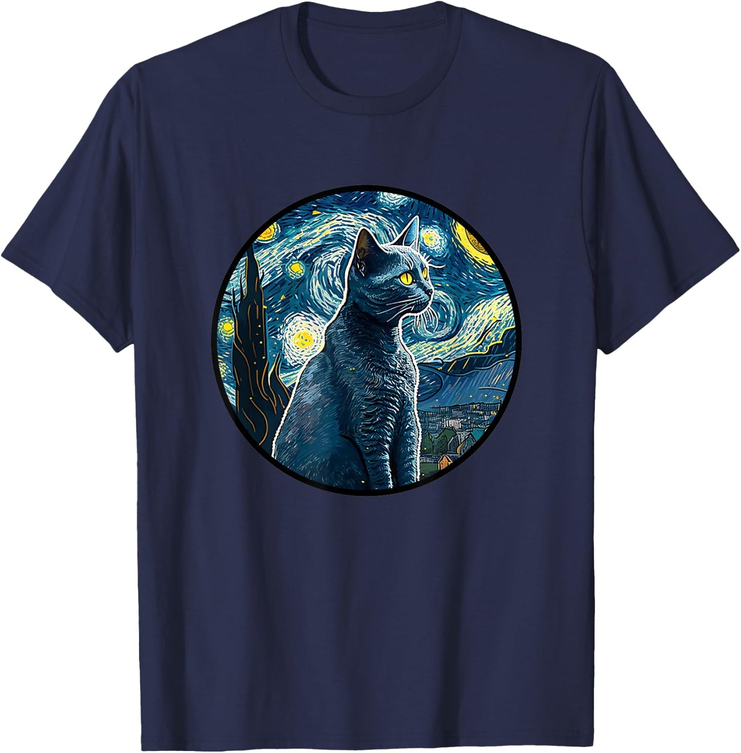 Russian Blue Cat in Starry Night Painting Men Women Kids T-Shirt - T-Shirt | Navy