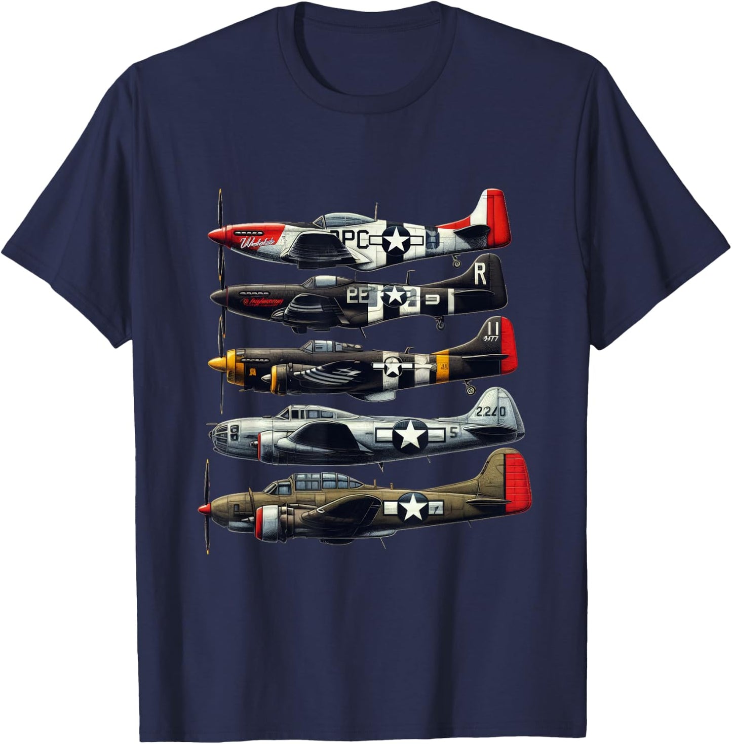 WW2 Warplanes B-17 P51 Mustang F4U Corsair P40 Warhawk T-Shirt - T-Shirt | Navy