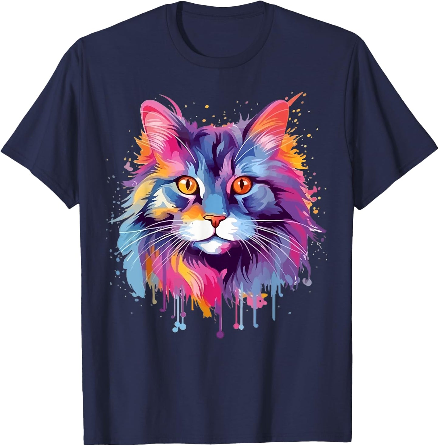 Colorful Splash Art Maine Coon Cat Face T-Shirt - T-Shirt | Navy
