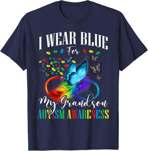 Grandma Grandpa I Wear Blue For My Grandson Autism Awareness T-Shirt - T-Shirt | Navy
