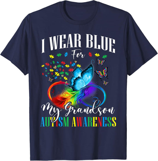 Grandma Grandpa I Wear Blue For My Grandson Autism Awareness T-Shirt - T-Shirt | Navy