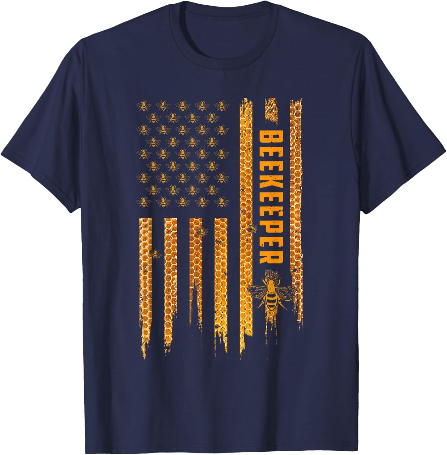Beekeeping American Flag Honeycomb Honey Bees Beekeeper T-Shirt - T-Shirt | Navy