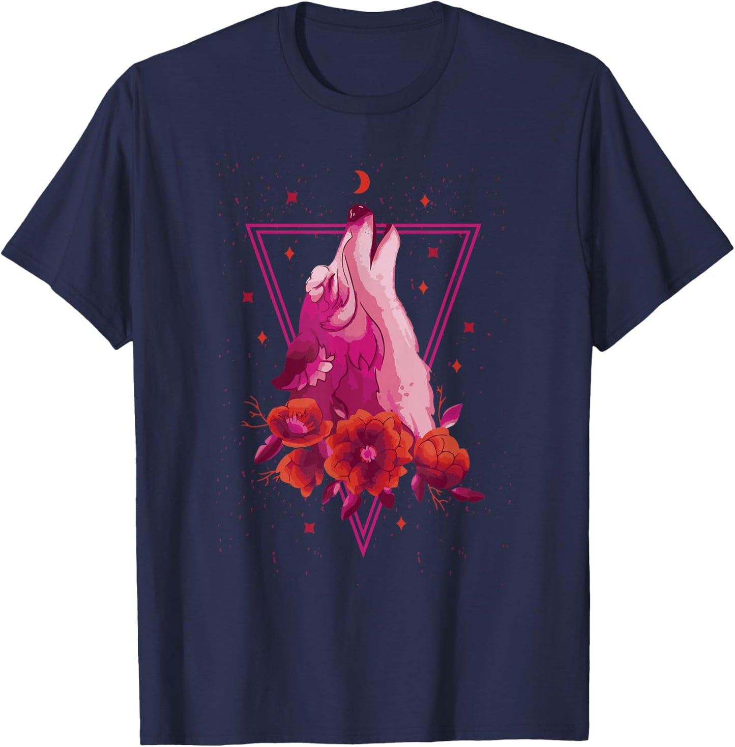 Pink Wolf Howling Vaporwave Floral Roses Stars Crescent Moon T-Shirt - T-Shirt | Navy