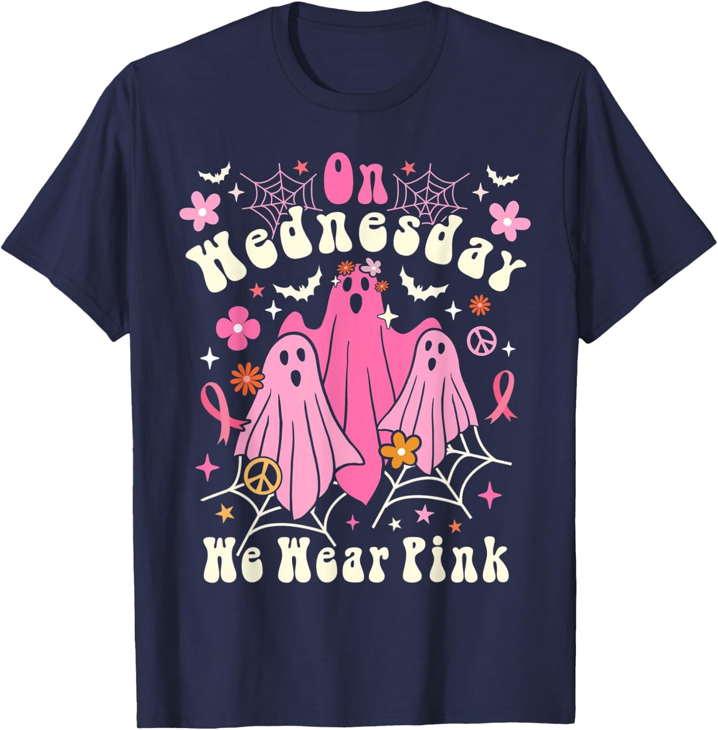 On Wednesday We Wear Pink Ghost Halloween Breast Cancer 2022 T-Shirt - T-Shirt | Navy