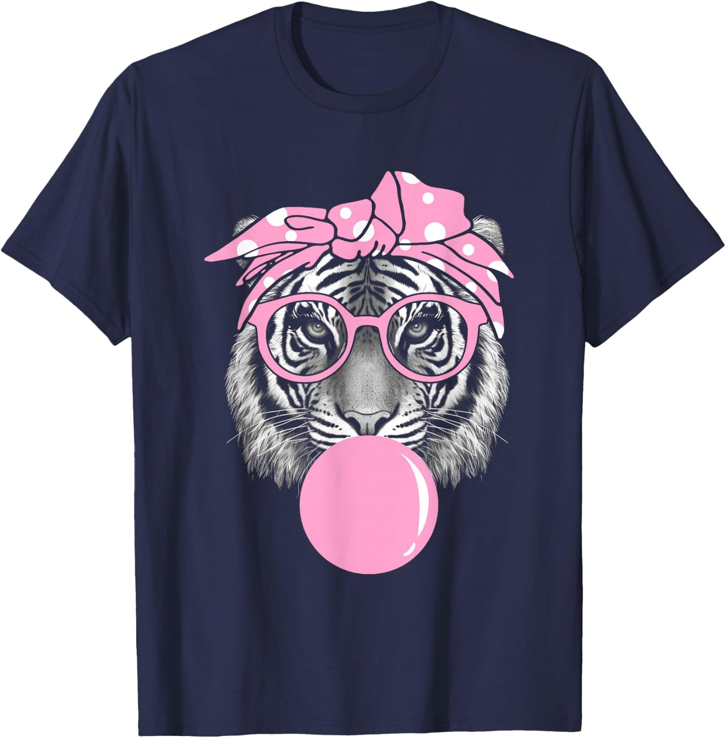 Funny Pink Tiger For Girl Glasses & Pink Bubble Gum T-Shirt - T-Shirt | Navy