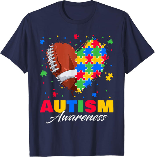 Puzzle Football Ball Heart Autism Awareness Autistic Kids T-Shirt - T-Shirt | Navy