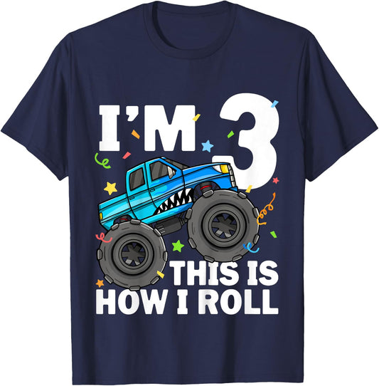 Kids Monster Truck Shark 3rd Birthday Boy Toddler 3 Three T-Shirt - T-Shirt | Navy