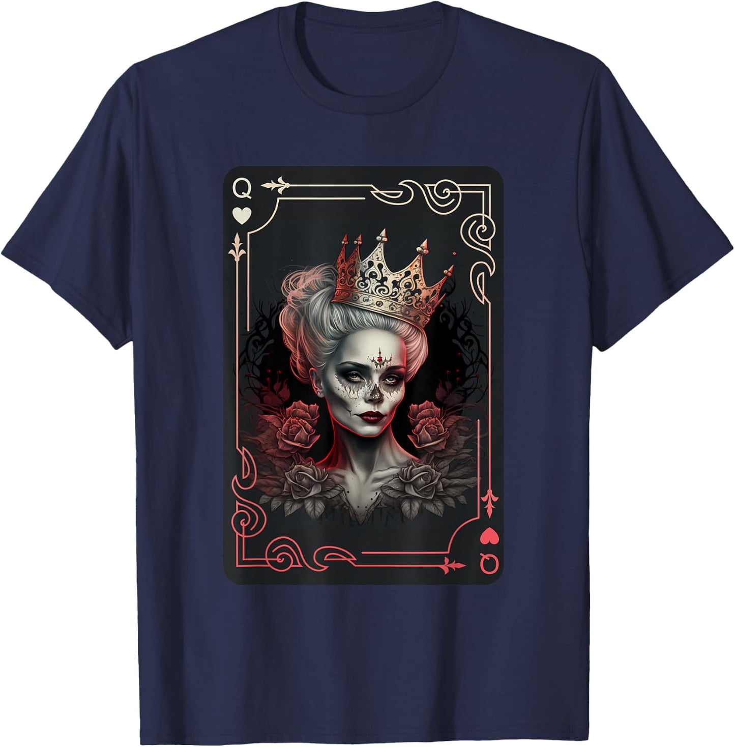 Queen of Hearts Gothic Poker Card Game Halloween Creepy T-Shirt - T-Shirt | Navy