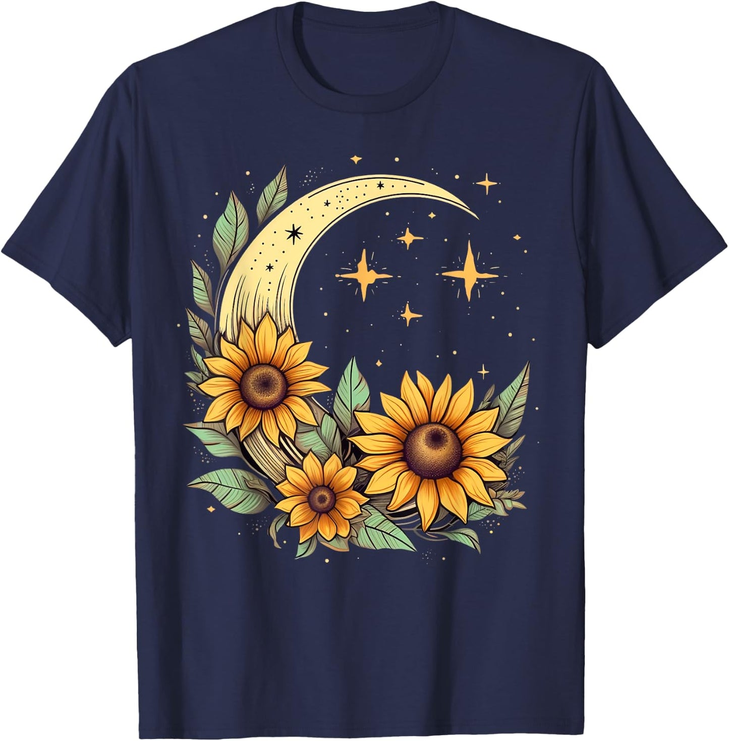 Floral Moon Sunflower on Celestial Sunflower Lunar T-Shirt - T-Shirt | Navy