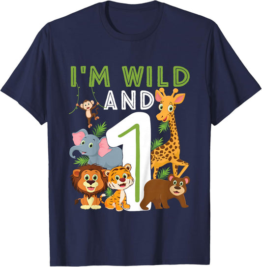 I'm wild And One Safari Zoo Animal Theme 1 Year Old Birthday T-Shirt - T-Shirt | Navy