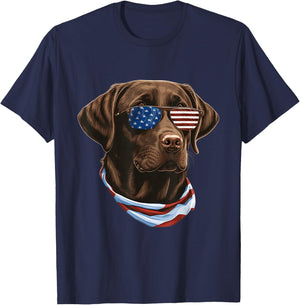 Chocolate Labrador With USA Sunglasses And Flag T-Shirt - T-Shirt | Navy