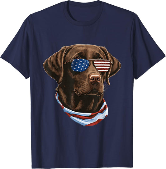 Chocolate Labrador With USA Sunglasses And Flag T-Shirt - T-Shirt | Navy