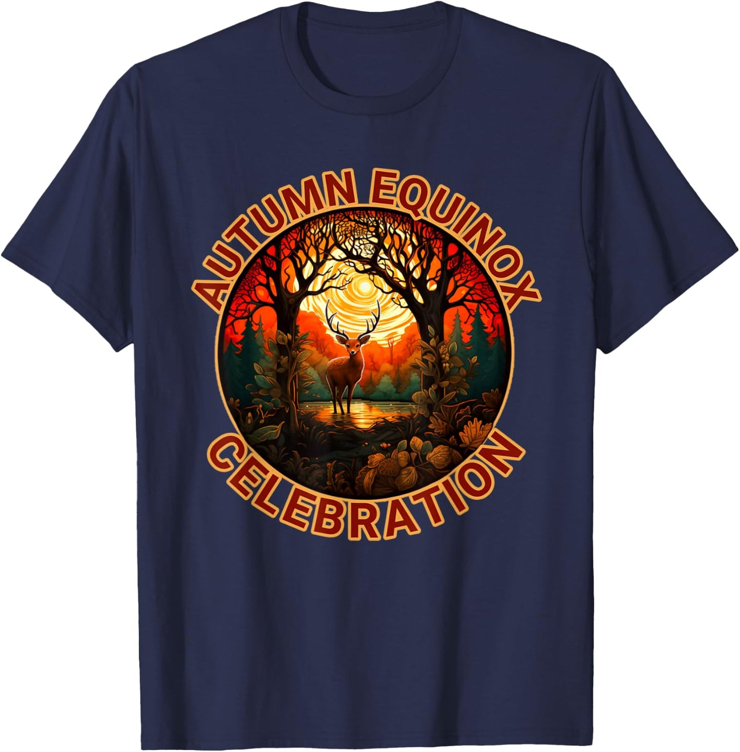 Autumn Equinox Celebration Fall Leaves Deer Autumn Design T-Shirt - T-Shirt | Navy