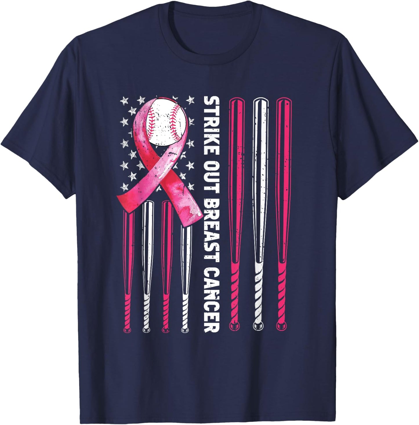 Strike Out Breast Cancer Baseball Lover Pink American Flag T-Shirt - T-Shirt | Navy