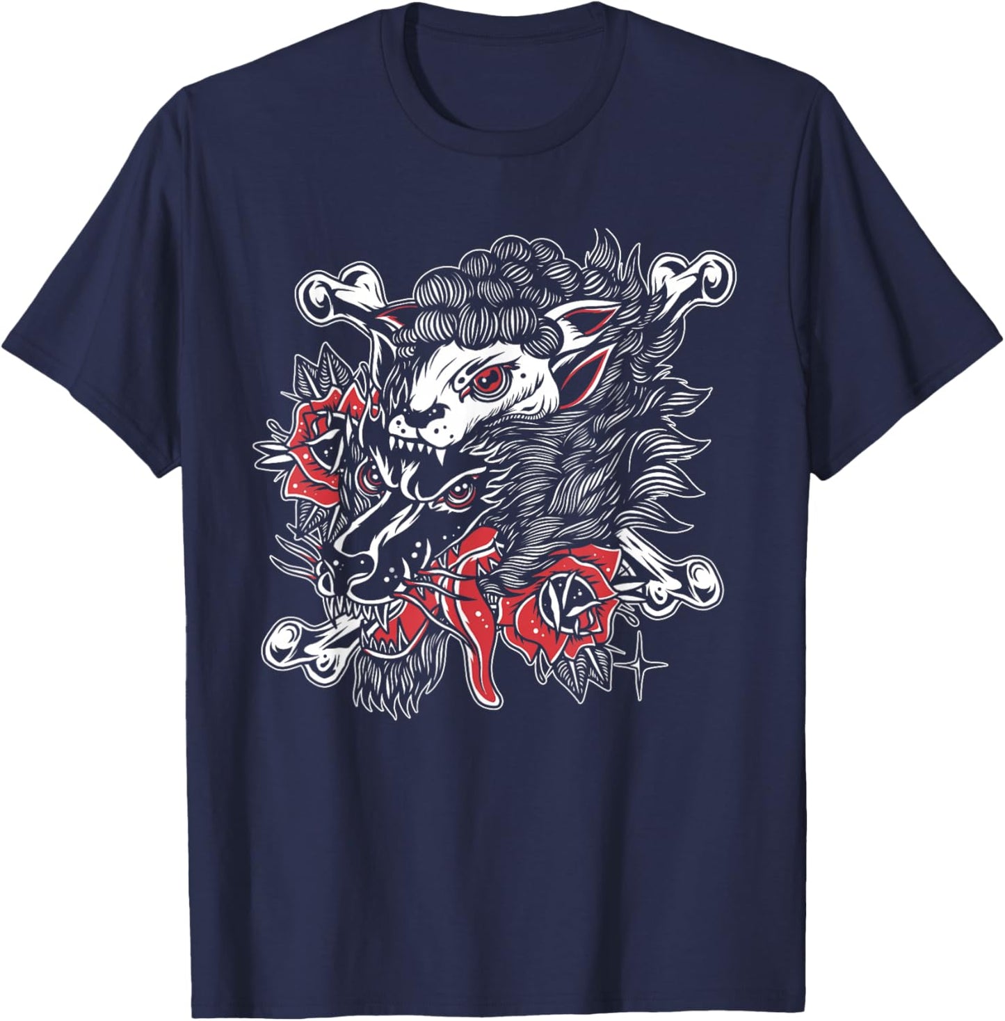 Wolf In Sheep's Clothing American Traditional Tattoo Flash T-Shirt - T-Shirt | Navy