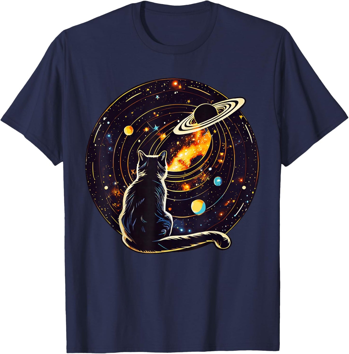 Cat Dad, Lover : Cat Staring at Planet Saturn T-Shirt - T-Shirt | Navy