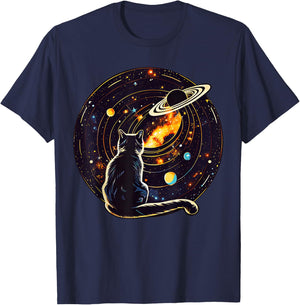 Cat Dad, Lover : Cat Staring at Planet Saturn T-Shirt - T-Shirt | Navy
