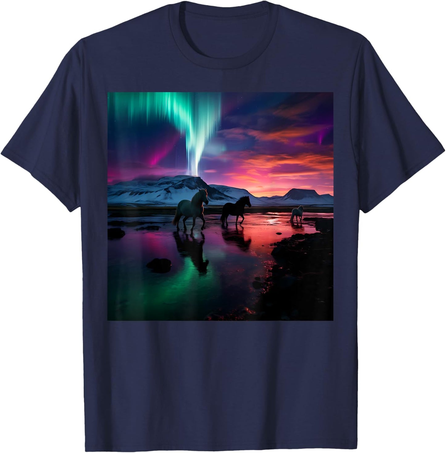 Iceland Northern Lights Aurora Borealis Horse Graphic Design T-Shirt - T-Shirt | Navy