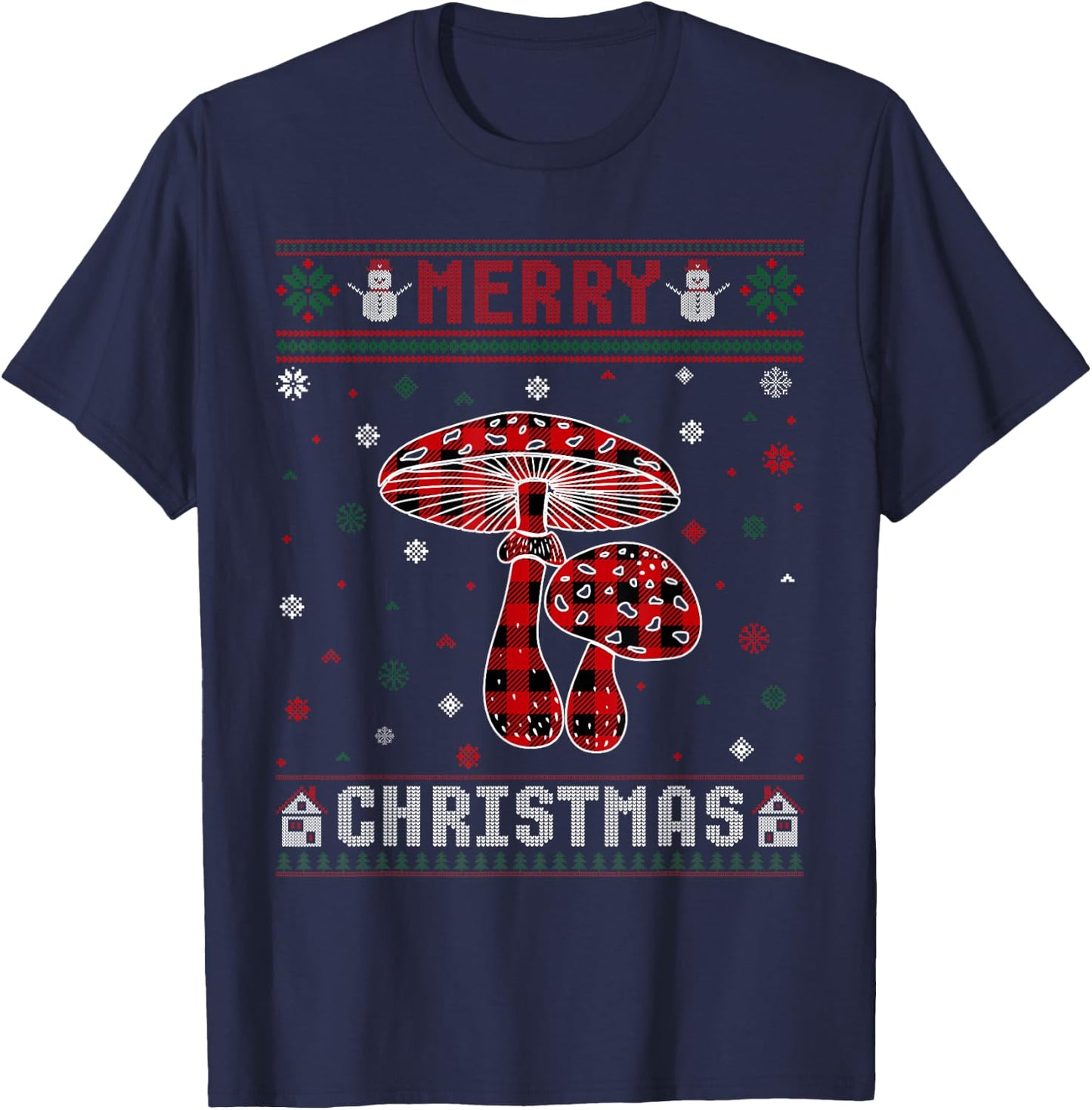Ugly Christmas Sweater Mushroom Buffalo Plaid Red Xmas T-Shirt - T-Shirt | Navy