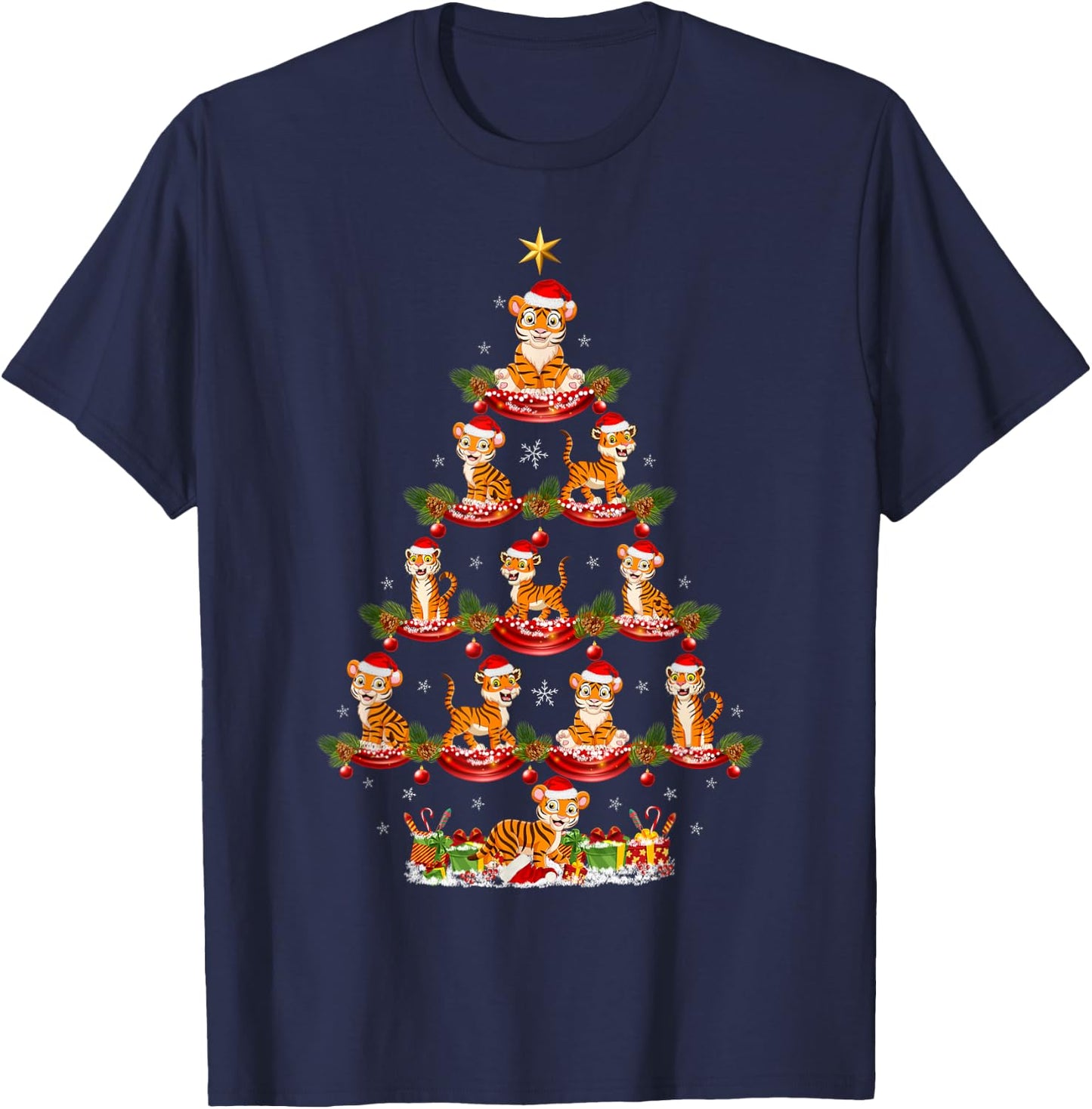 Tiger Xmas Lighting Santa Tiger Christmas Tree T-Shirt - T-Shirt | Navy
