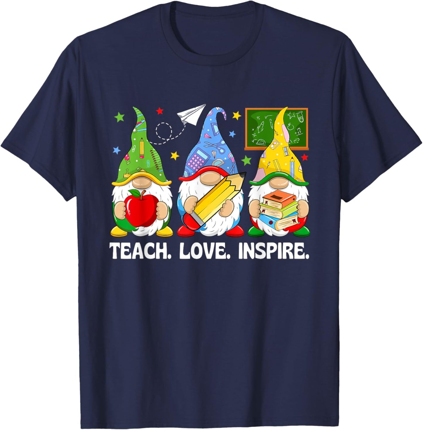 Cute Gnomes Teach Love And Inspire Back To School Teacher T-Shirt - T-Shirt | Navy