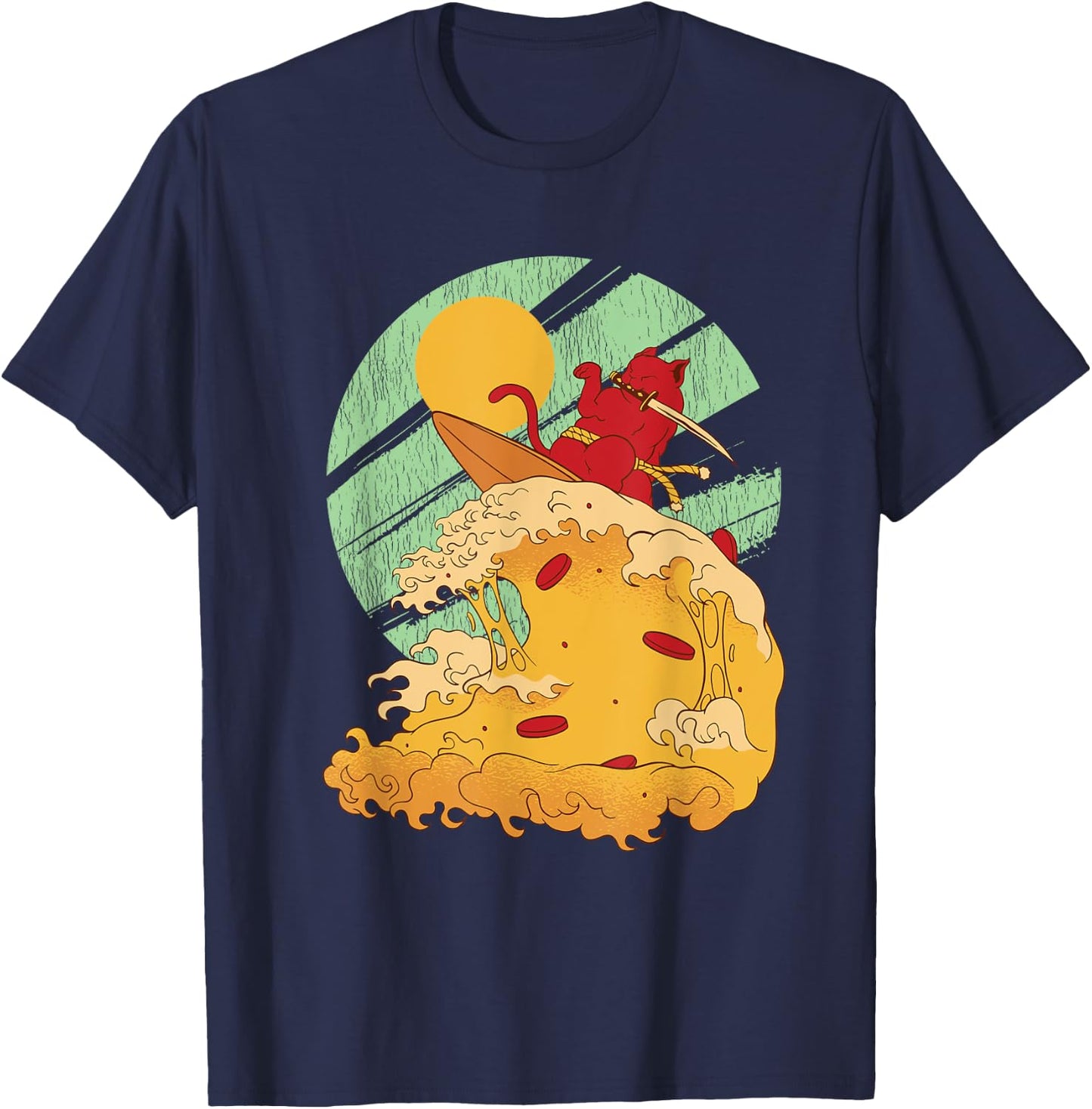 Surfing Japan Samurai Cat Vintage Surf Board T-Shirt - T-Shirt | Navy