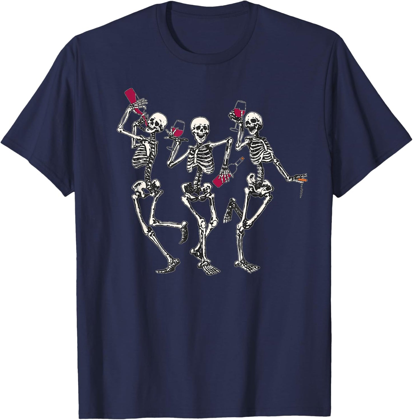 Dancing Skeletons drinking wine lover Funny Halloween scary T-Shirt - T-Shirt | Navy