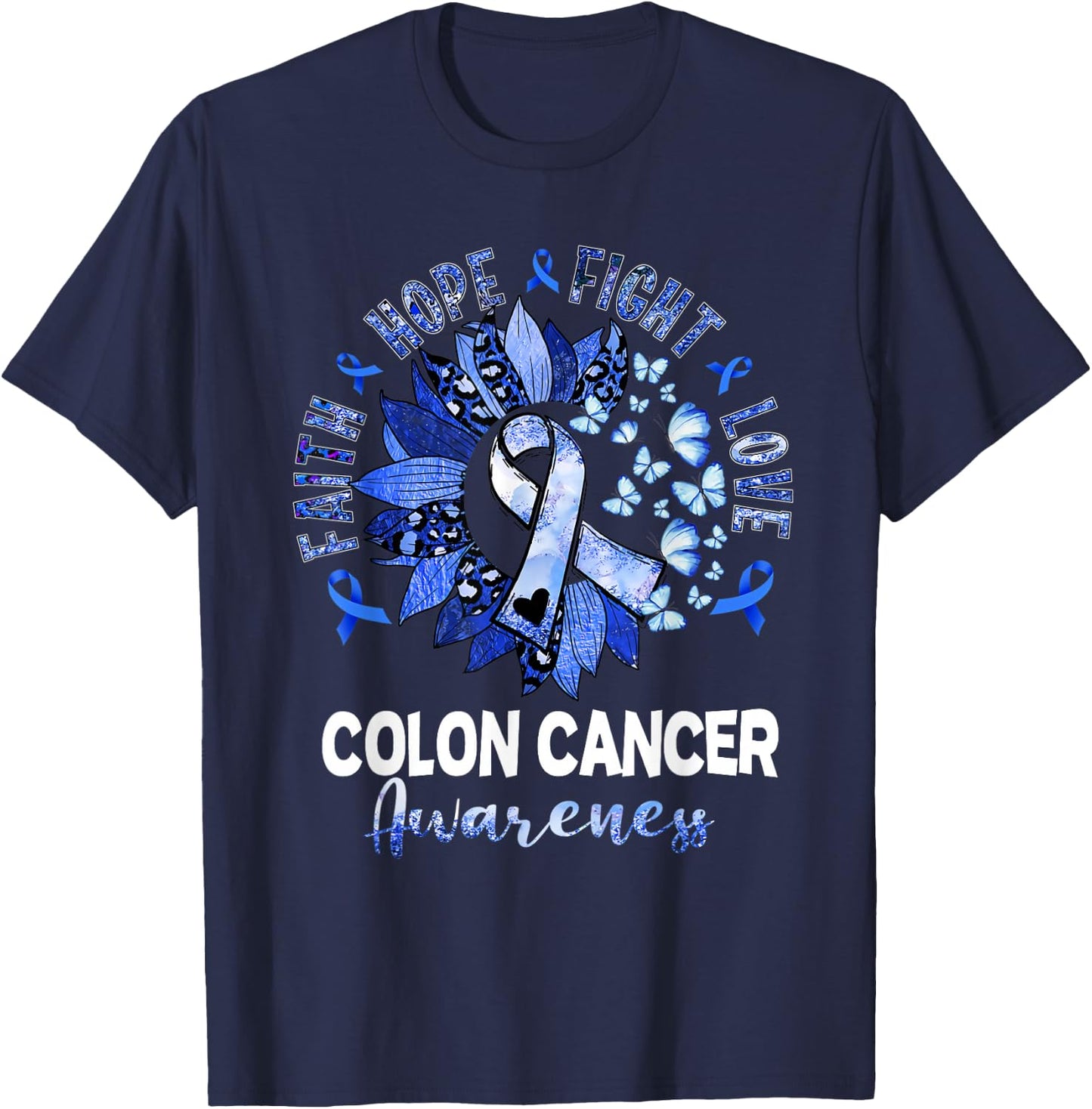 Sunflower Pink Ribbon Flower Leopard Colon Cancer Awareness T-Shirt - T-Shirt | Navy