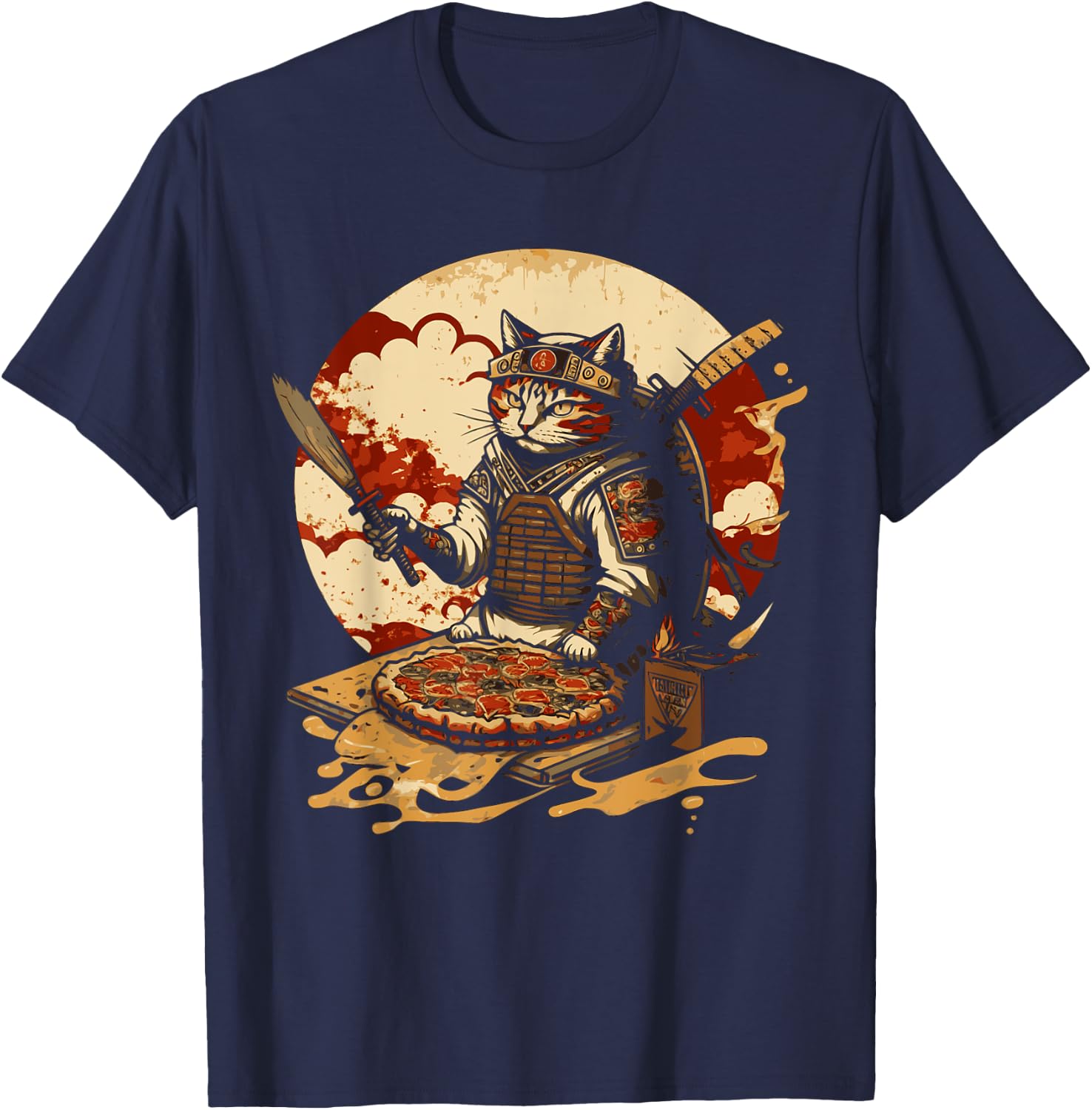 Japanese Sunset Samurai Cat Eat Pizza Anime Ninja Kitten Women T-Shirt - T-Shirt | Navy