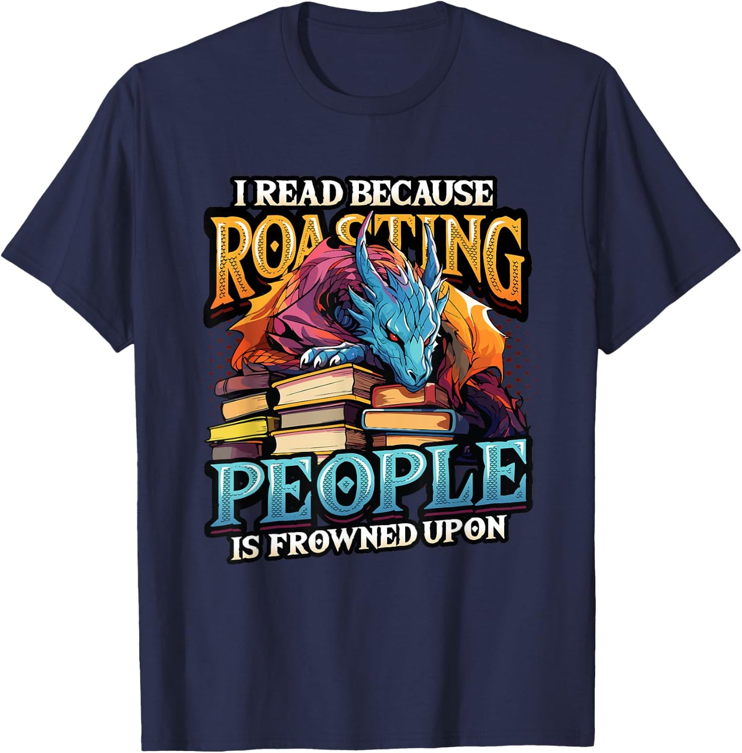 Book Lover Avid Reader Bookworm Dragon Reading Books Reading T-Shirt - T-Shirt | Navy