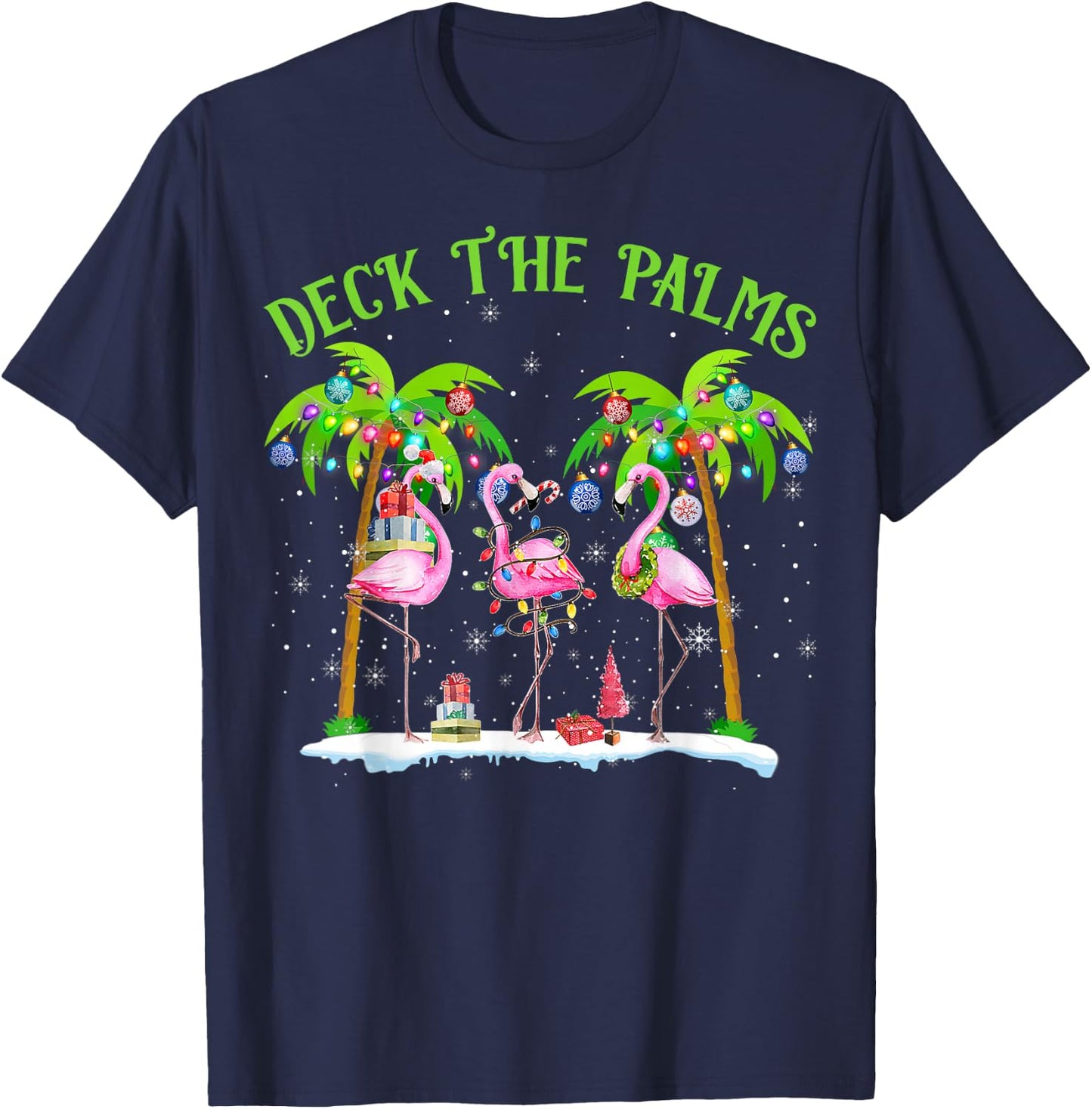 Deck The Palms Flamingo Tropical Christmas Lights Palm Tree T-Shirt - T-Shirt | Navy