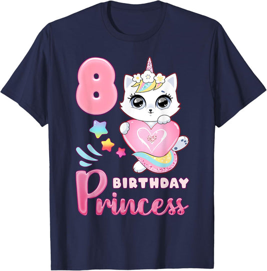 Girl, 8th birthday, unicorn cat, number 8 T-Shirt - T-Shirt | Navy