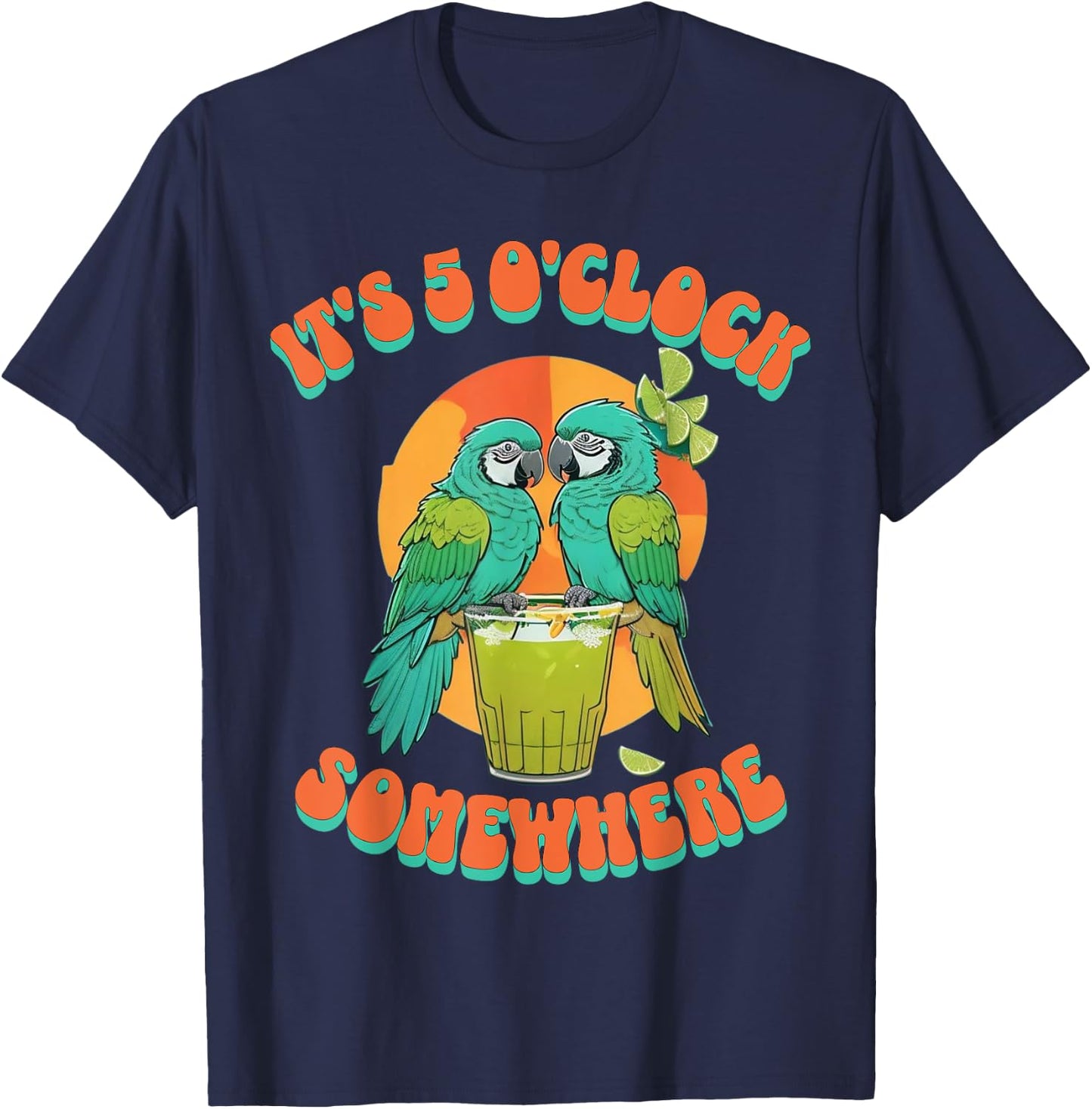 Vintage It's 5 O'clock Somewhere Parrots Drinking Cocktail T-Shirt - T-Shirt | Navy