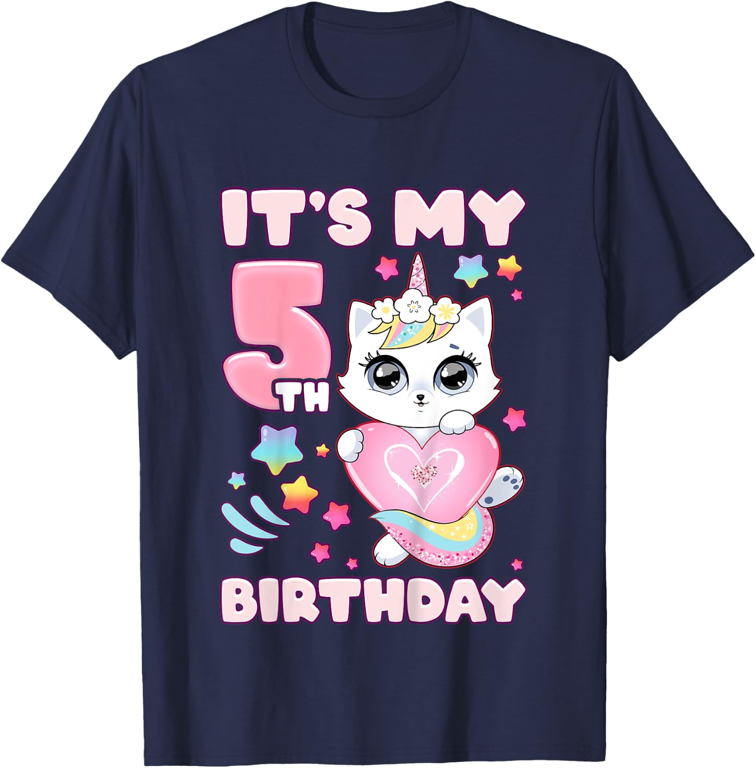 Birthday girl 5 years old, cat, unicorn, 5th birthday T-Shirt - T-Shirt | Navy