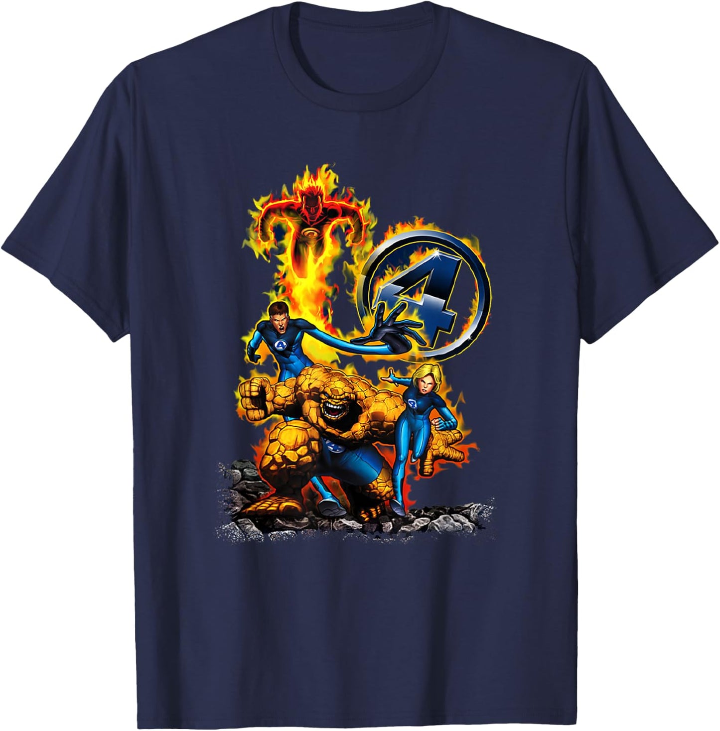 Marvel Fantastic Four Group Shot Battle Classic Portrait T-Shirt - T-Shirt | Navy