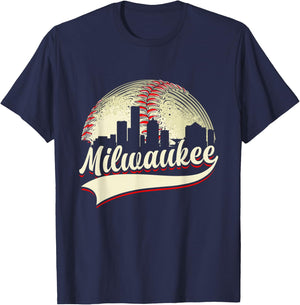 Milwaukee Cityscape Graphic Baseball Lover Player and Fans T-Shirt - T-Shirt | Navy