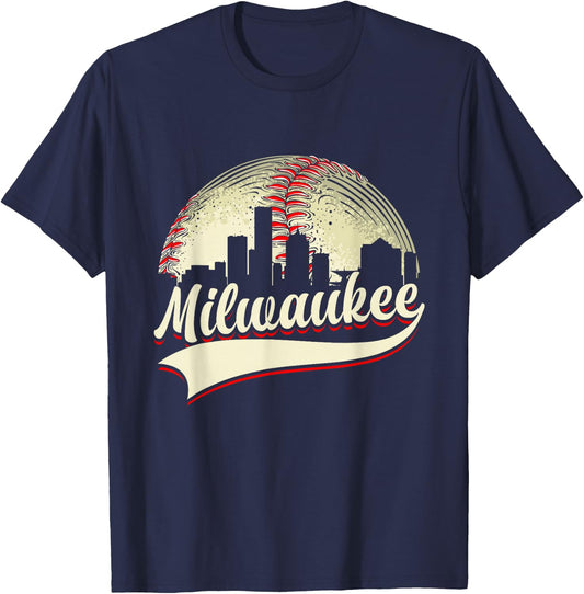 Milwaukee Cityscape Graphic Baseball Lover Player and Fans T-Shirt - T-Shirt | Navy