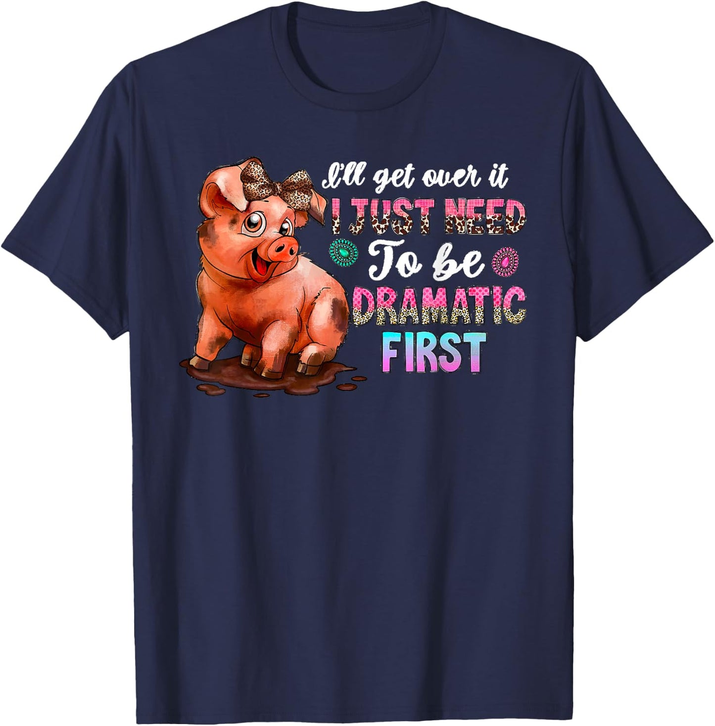 Funny Dramatic Pig Kawaii Leopard Bow Cute Farm Animal Lover T-Shirt - T-Shirt | Navy